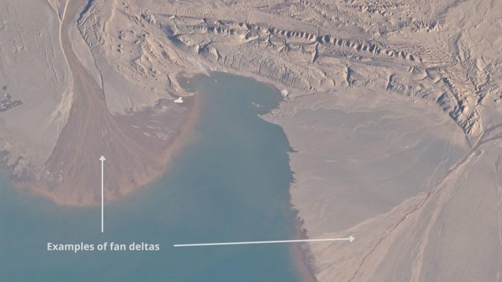 Image of fan deltas in China and Tibet, taken from the International Space Station